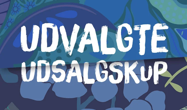 Et grafisk mønster i forskellige farver med teksten UDVALGTE UDSALGSKUP i hvid.