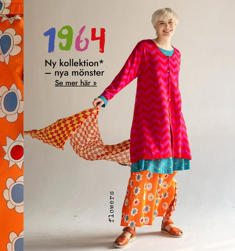 A collage of women wearing colourful patterned clothes from Gudrun Sjödén’s “1964” capsule collection.