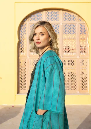 Kimono à carreaux "Coimbatore" en coton biologique - jade