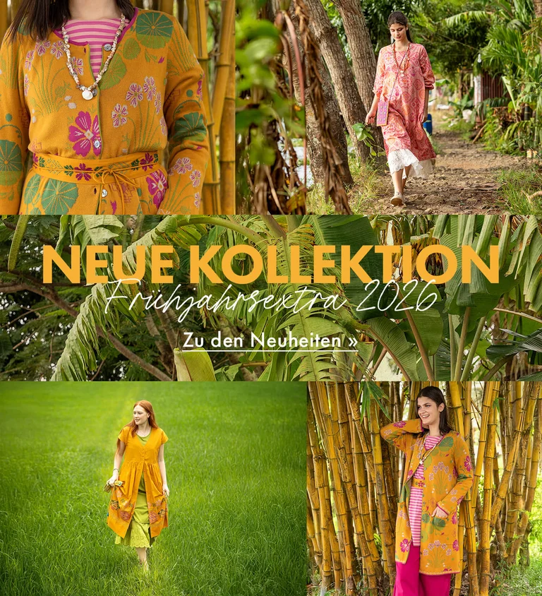 Eine Collage mit Bildern von Frauen in gelber Mustermode aus Gudrun Sjödéns Frühjahrs-Extrakollektion 2026. In der Collage auch Großaufnahmen von Palmenblättern und einem Stickdessin.