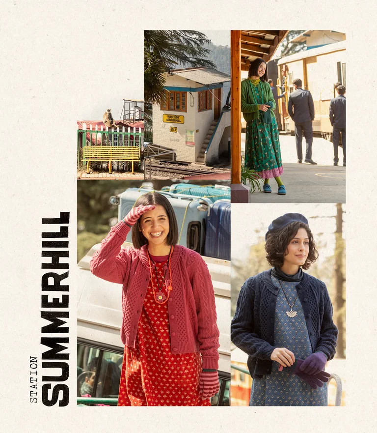 A collage of pictures of women wearing clothing from Gudrun Sjödén combined with pictures from India.