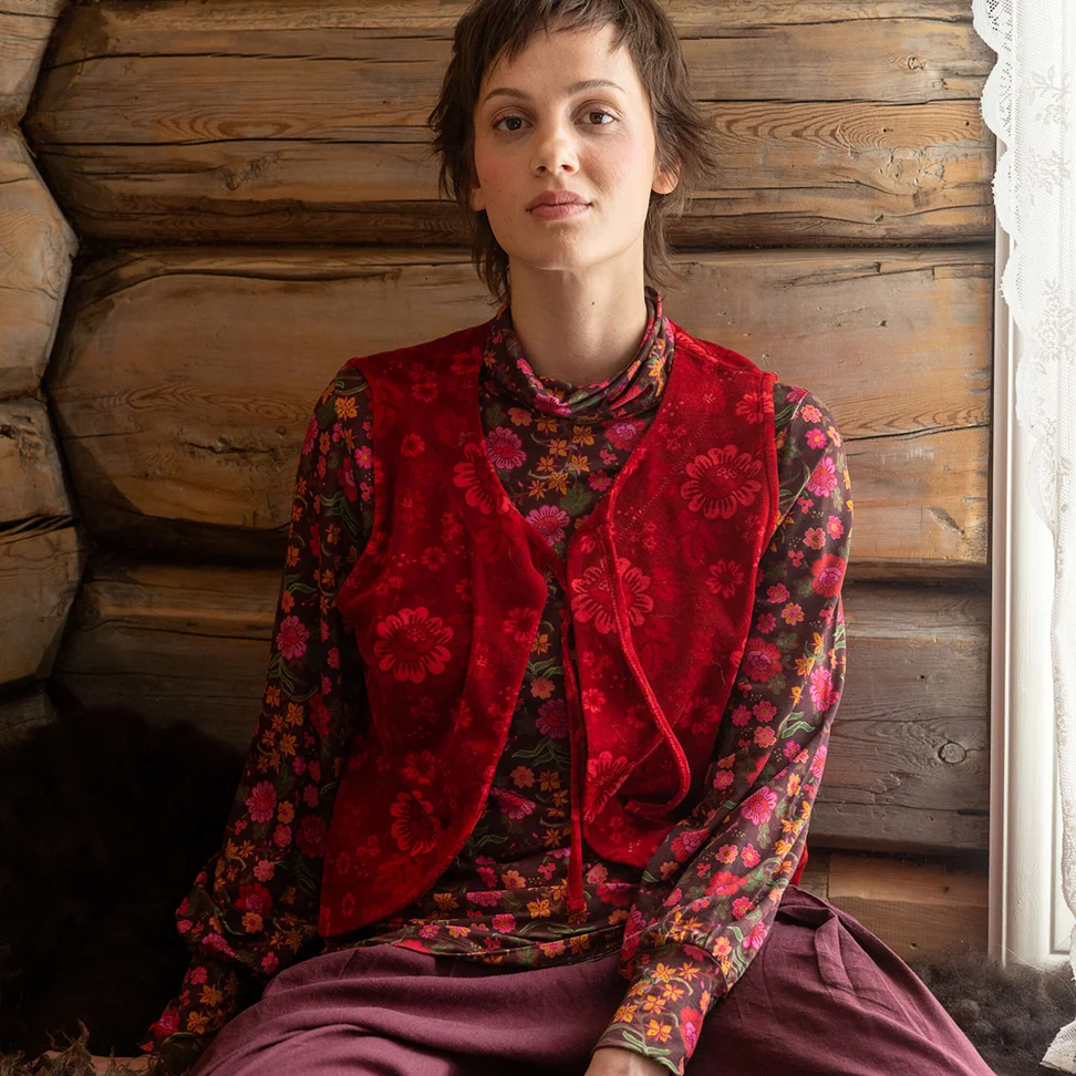 Velurvest «Nootka» i økologisk bomull / resirkulert polyester - tyttebær/mønstret