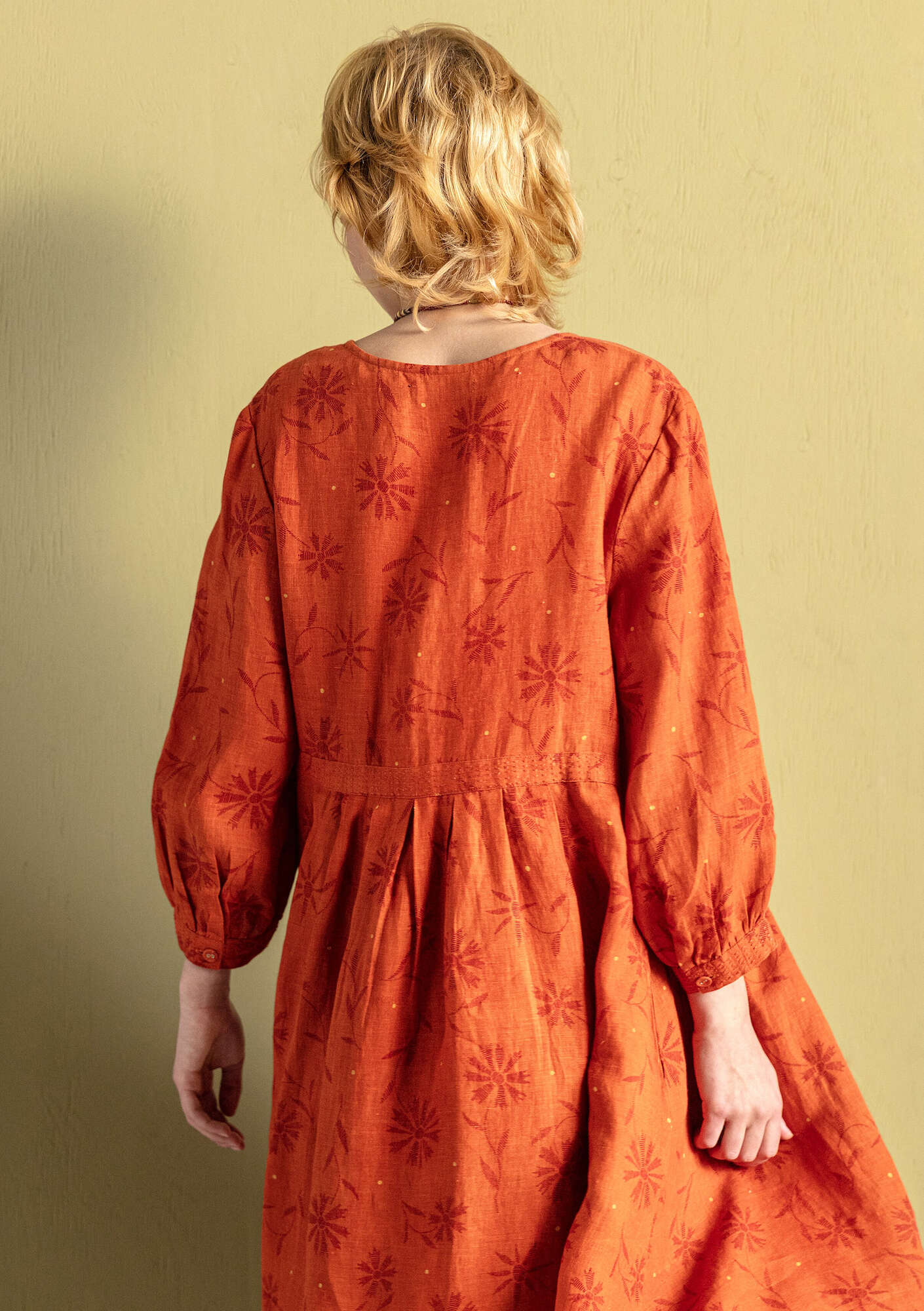 “Leia” woven linen dress henna/patterned