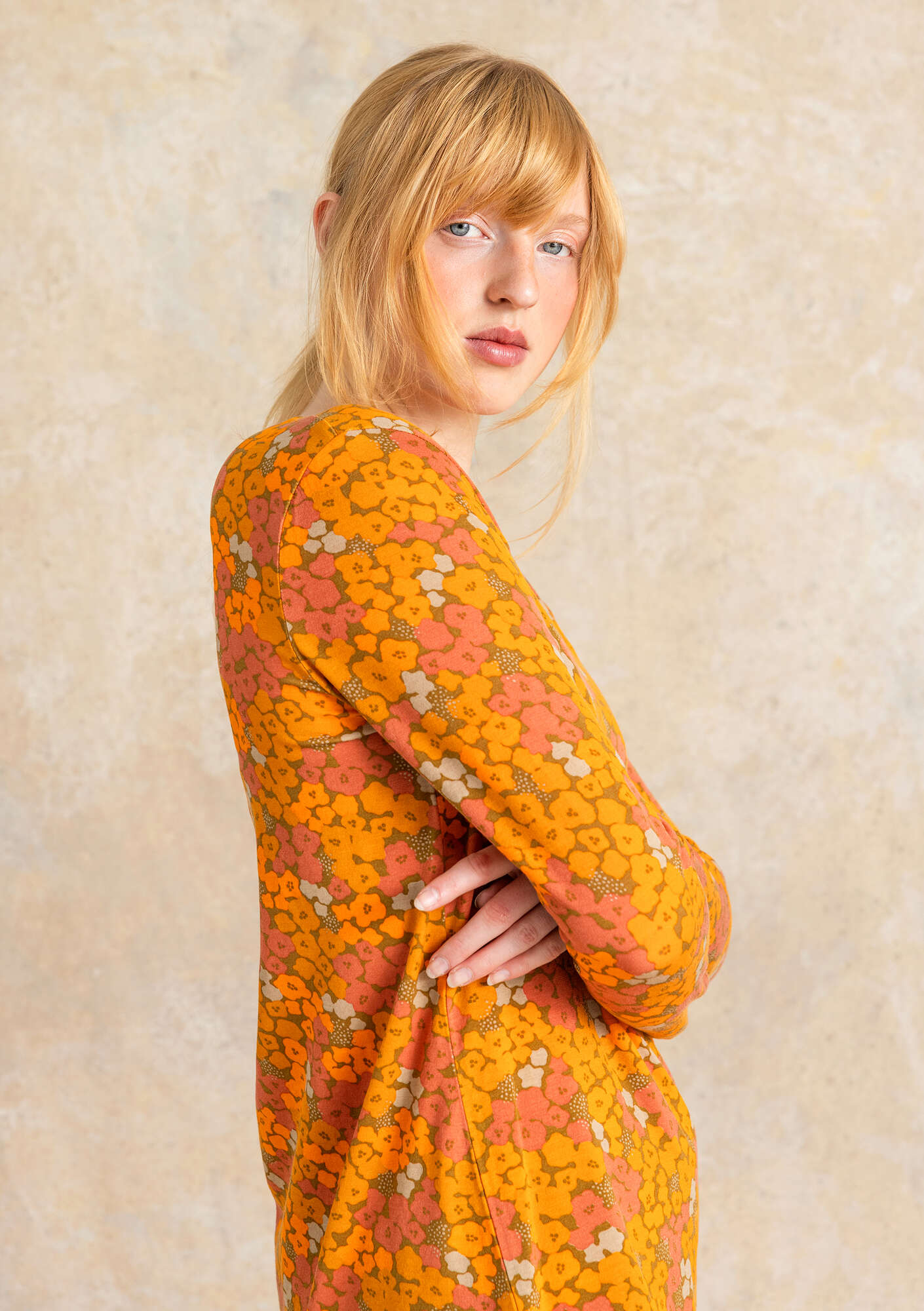 Hillevi” floral/solid-colored jersey top in lyocell/spandex