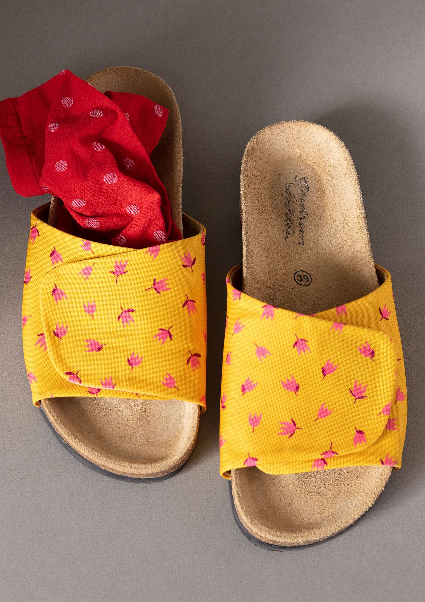 “Amber” digital print fabric sandals gold ochre thumbnail