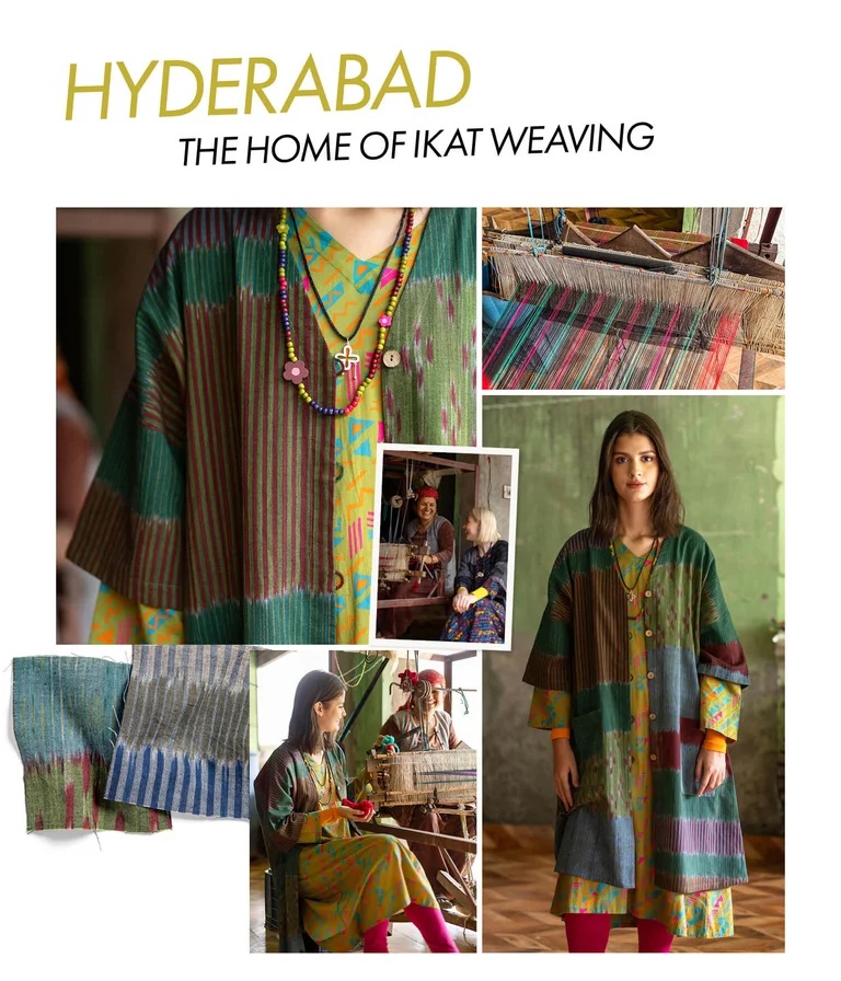 A collage of women wearing patterned clothing from Gudrun Sjödén.