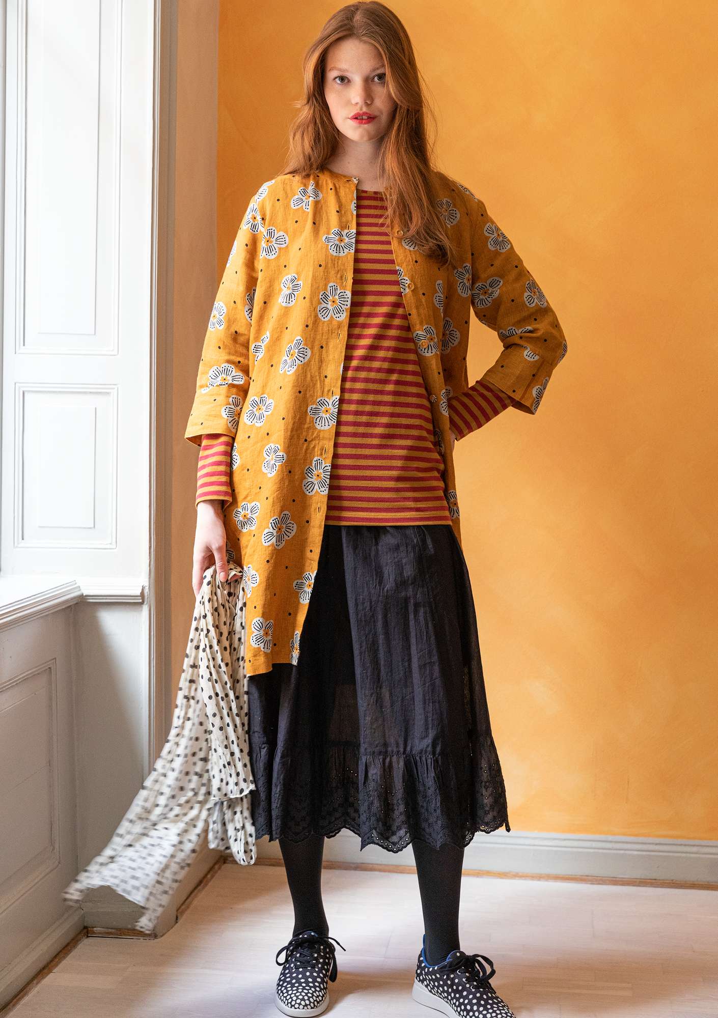“Mirabelle” woven linen dress mustard/patterned