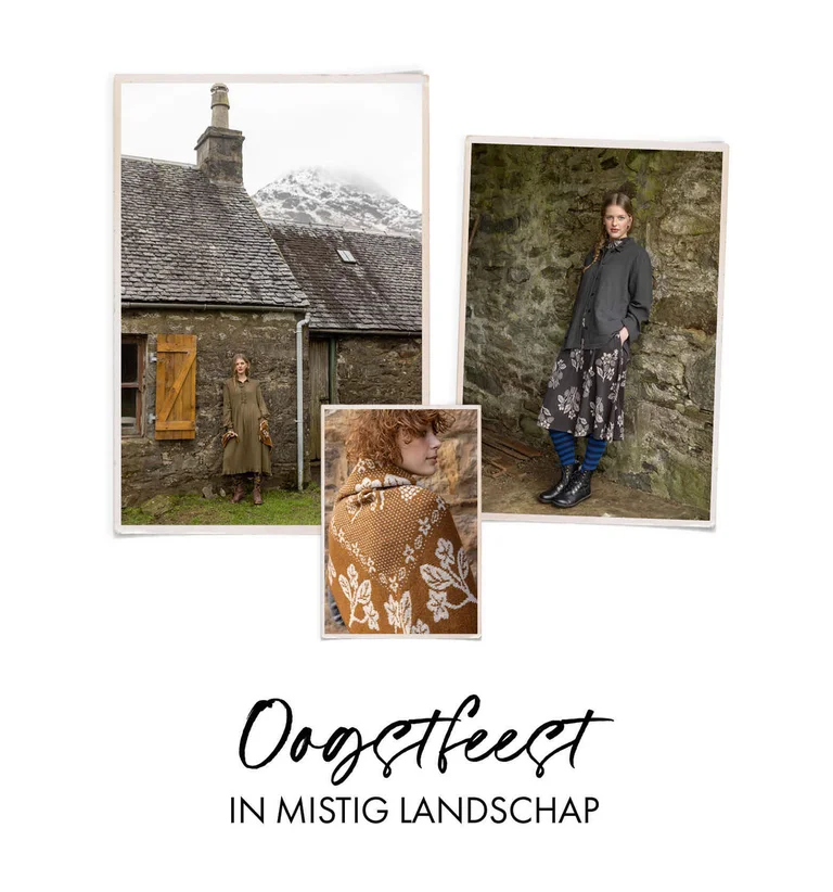 A collage with a woman standing by an old house wearing layers of clothing from Gudrun Sjödén, a woman standing by a stone wall wearing layers of clothing from Gudrun Sjödén and a closeup of a woman wearing a scarf from Gudrun Sjödén.