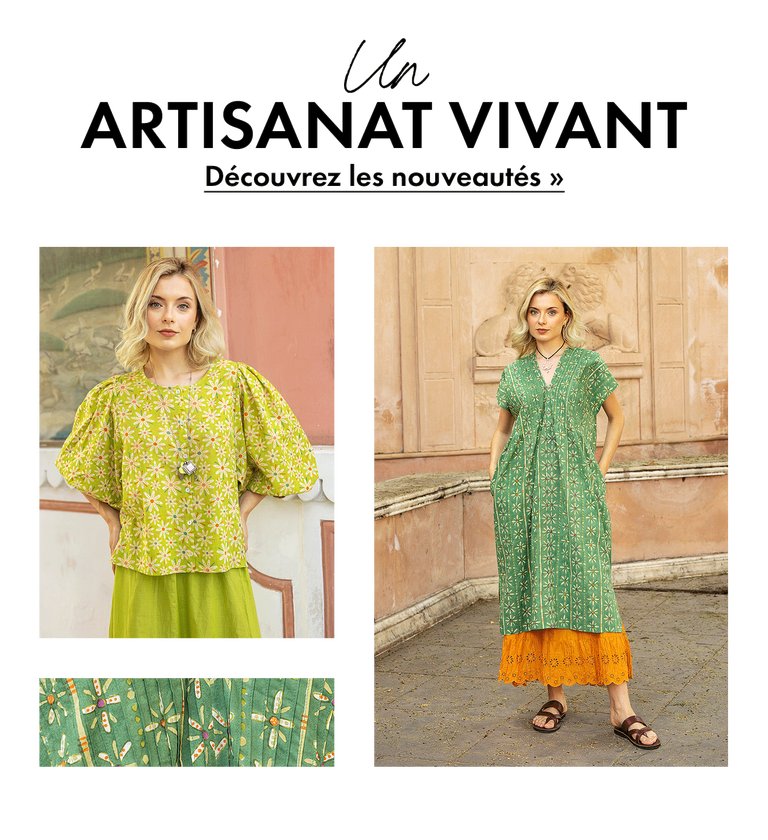 Un collage de femmes portant des vêtements aux tons verts issus de la collection Plein été 2026 de Gudrun Sjödén.