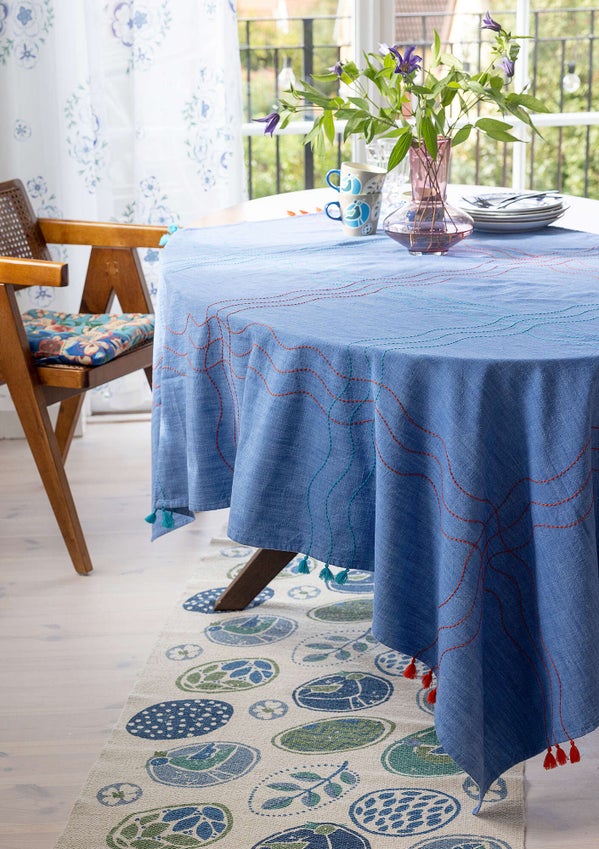 Stitches tablecloth flax blue