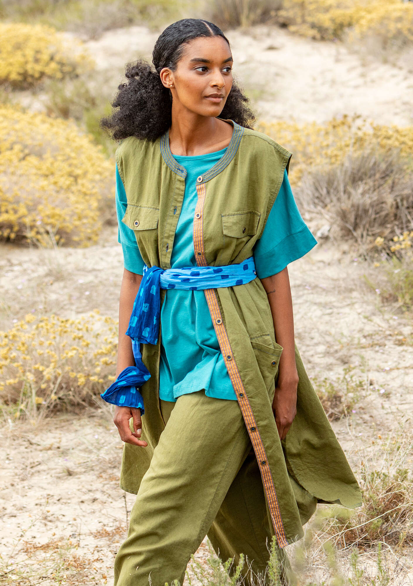 “Safari” woven organic cotton/linen dress cedar