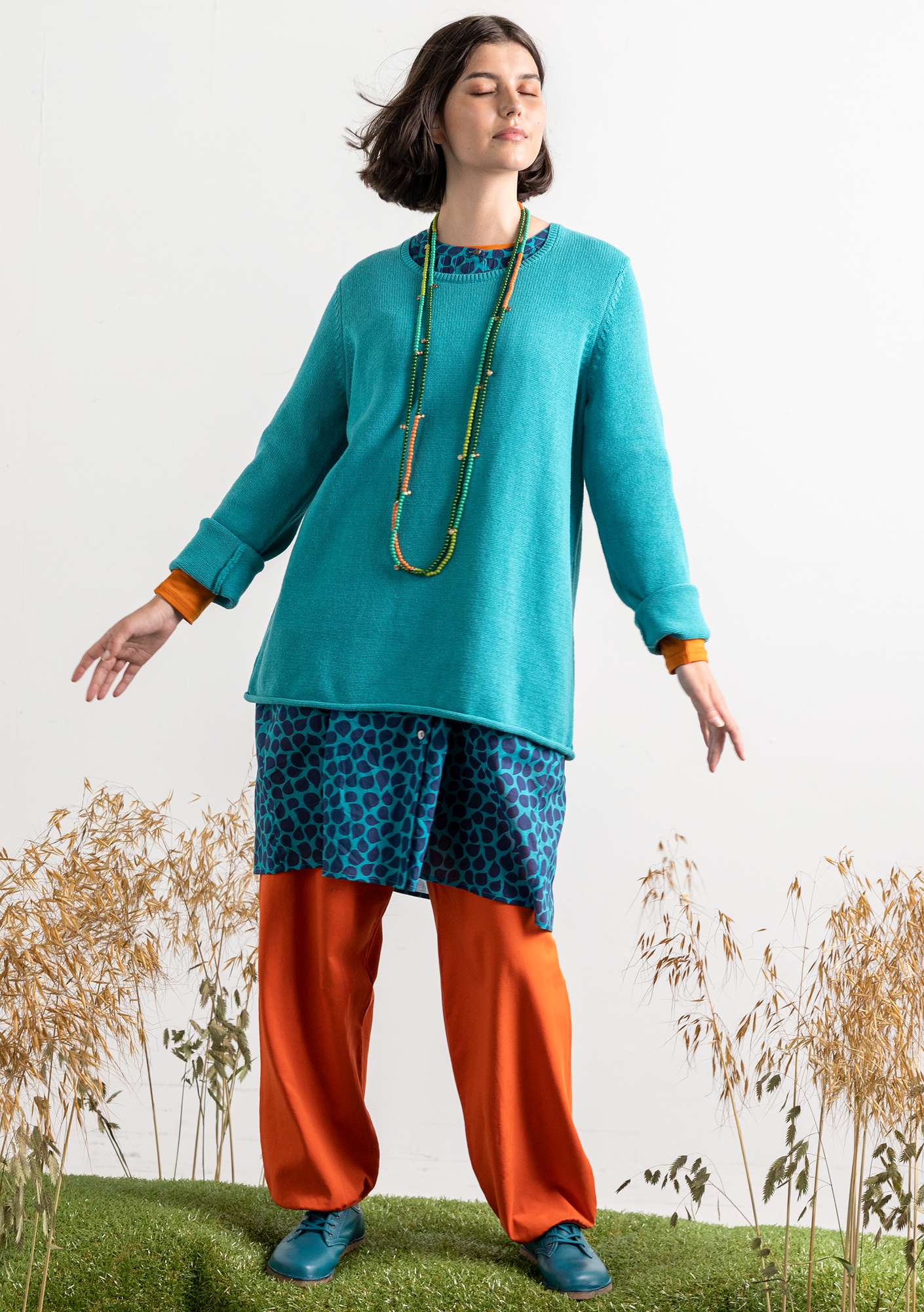 FAVOURITE “Adena” long-sleeved recycled cotton top turquoise thumbnail