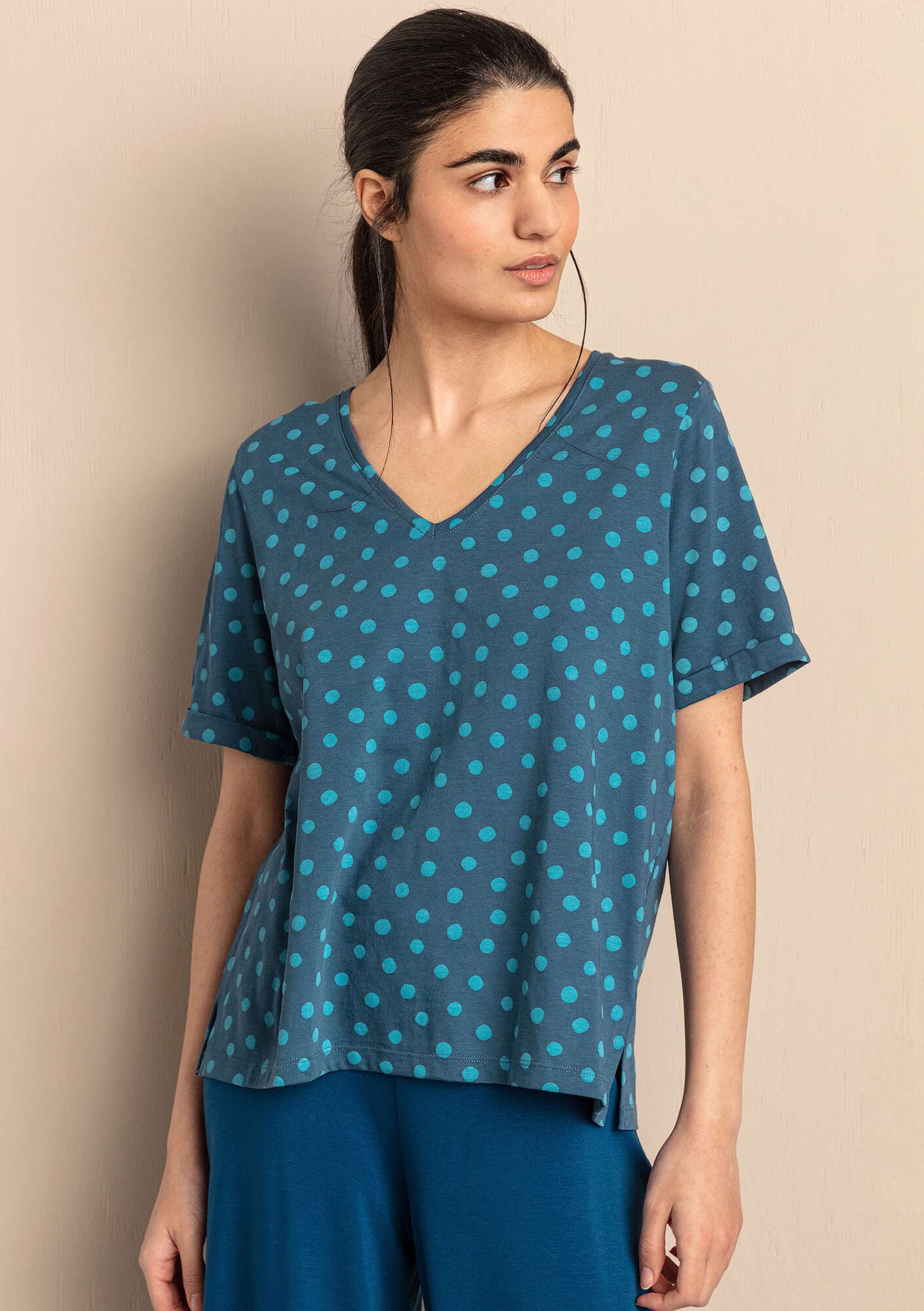 “Juliet” jersey top in organic cotton/modal indigo/patterned