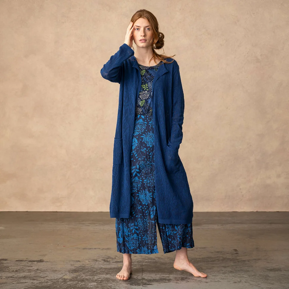 “Niwa” long pointelle cardigan in organic/recycled cotton - indigo blue