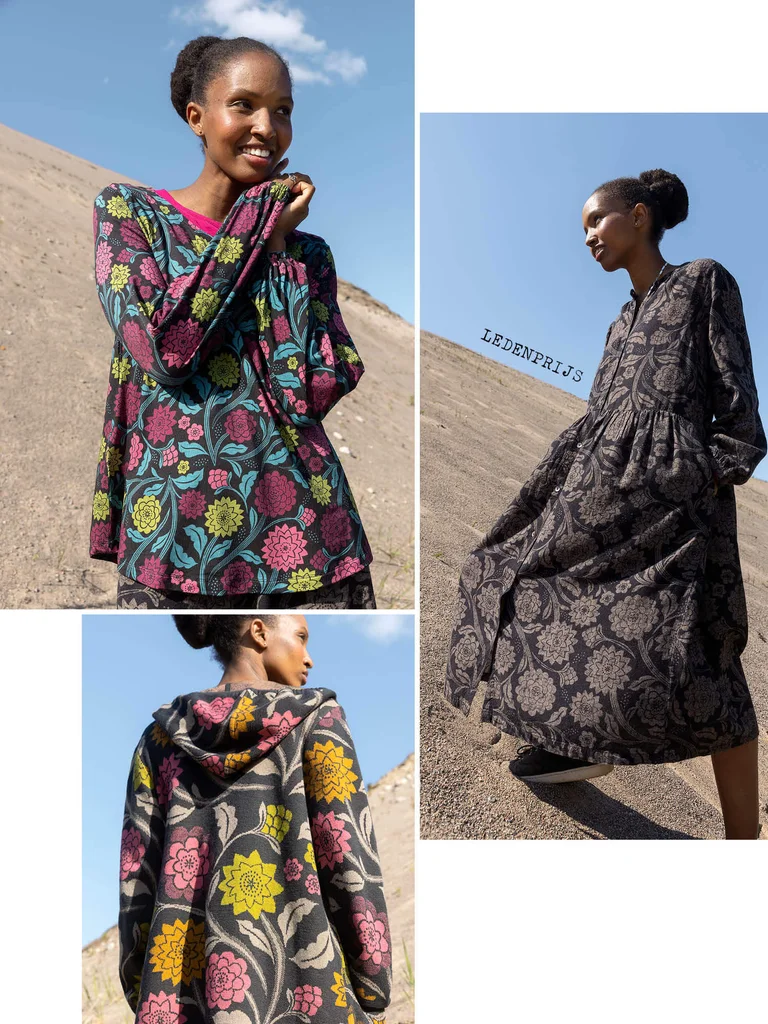 A collage of women wearing patterned clothing from Gudrun Sjödén.