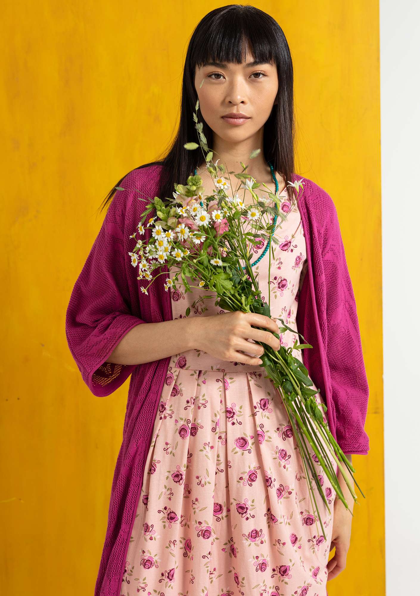 Long gilet « Kamala » en maille pointelle de coton biologique rose orchidée thumbnail