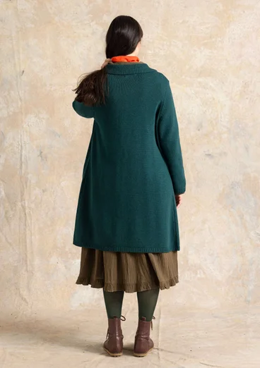 “Wilma” patterned and solid-colour long cardigan in lambswool - dark jade melange