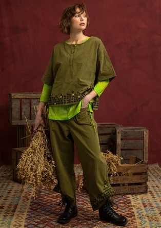 “Fields” embroidered organic cotton trousers - dark olive