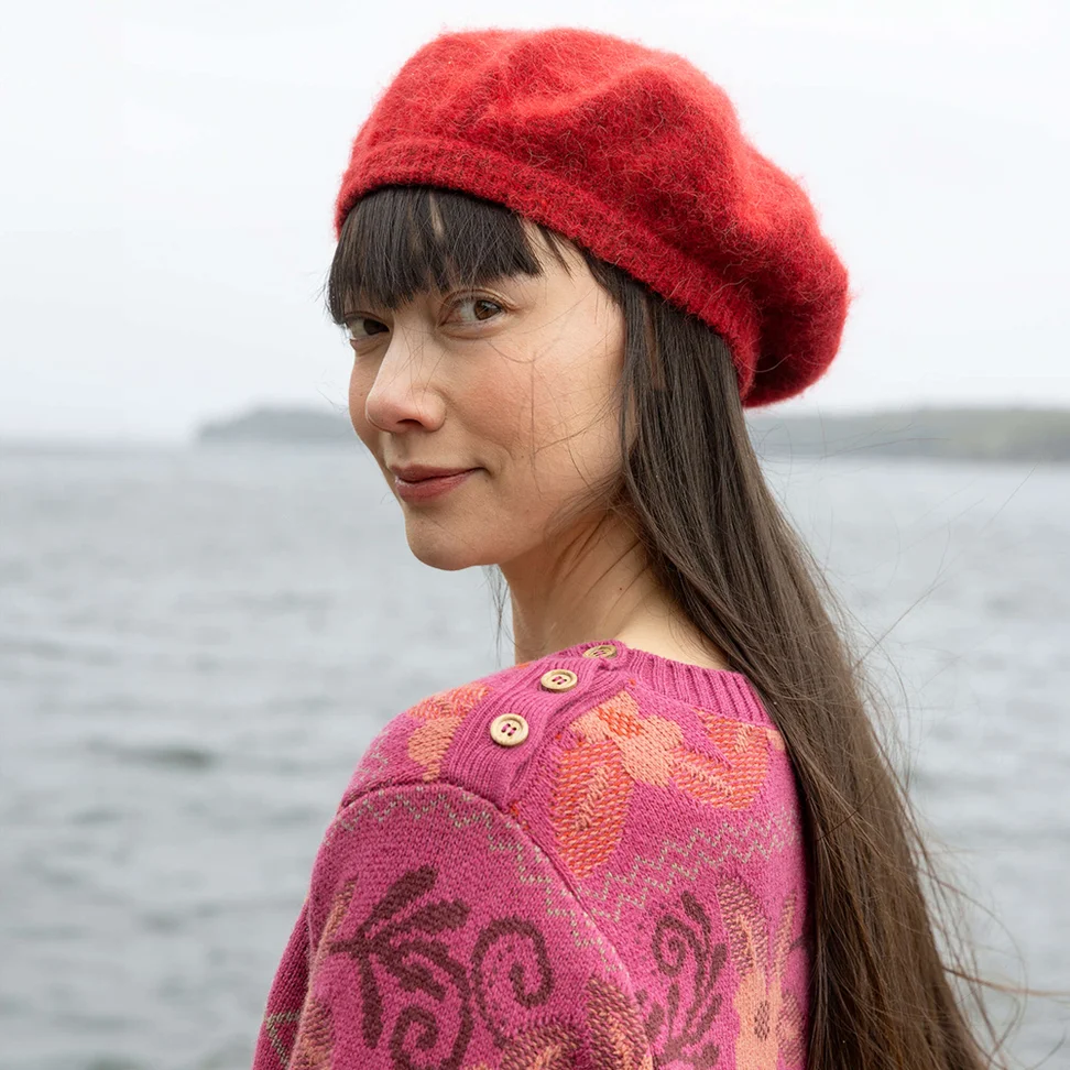 Strick-Baskenmütze aus Alpakagemisch - papageienrott-melange