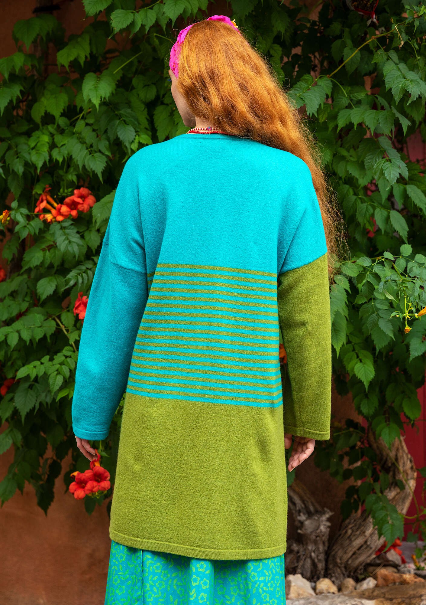Knit coat in felted wool oriental green