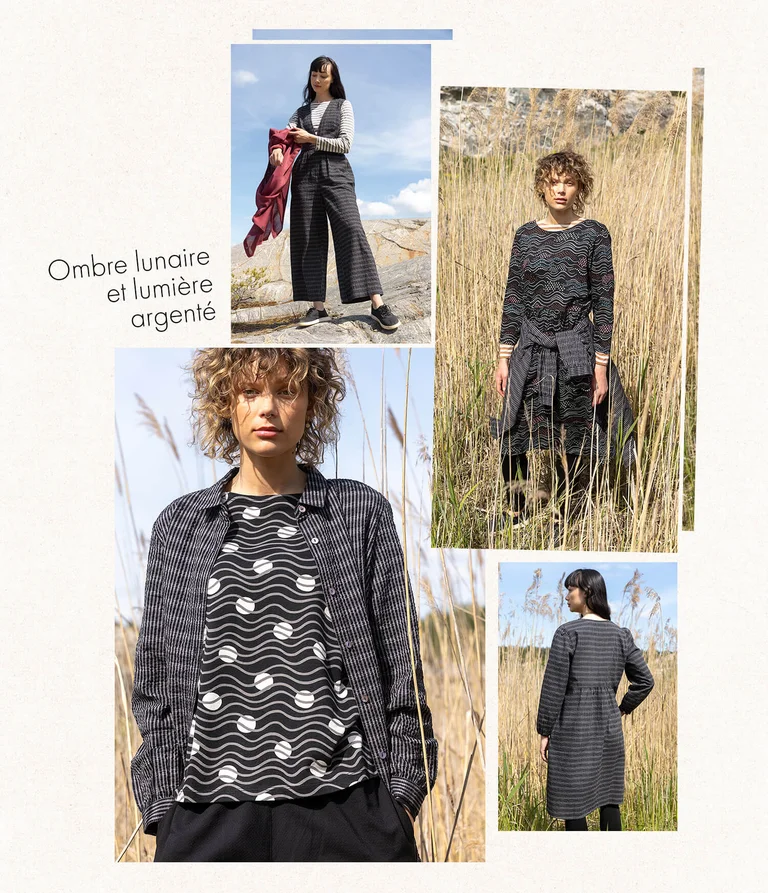 A collage of women wearing black patterned clothing from Gudrun Sjödén.