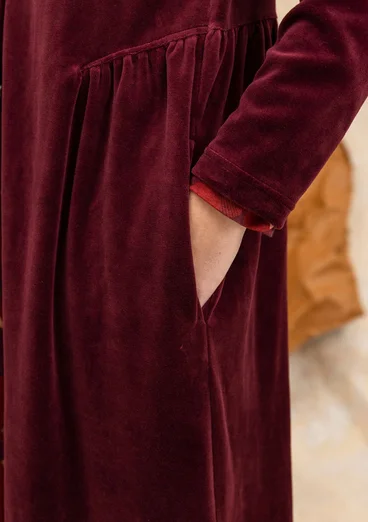 Button-through, organic cotton/recycled polyester velour dress - aubergine