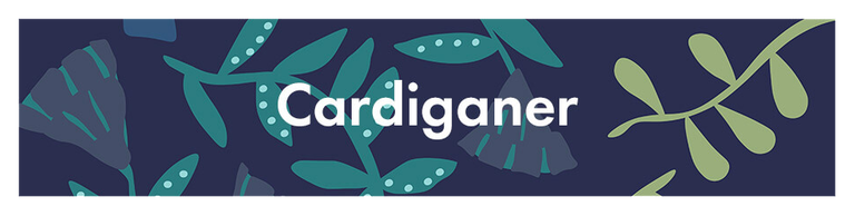 Et blåt mønster med teksten "Cardiganer" i hvid.