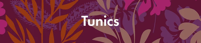 A purple pattern with the word “Tunics” in white.