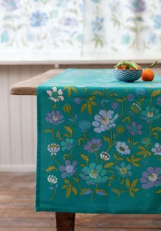 “Bloom” table runner in organic cotton - aqua green