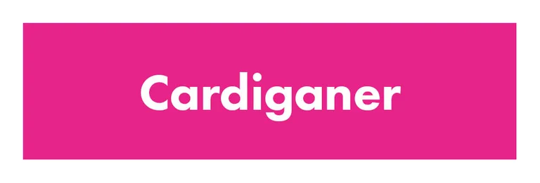 A pink card with “Cardigans” written in white.