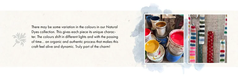 A collage with two different images of dye vats and fabric lengths in various colours. The collage also contains a geometric flower and kraft paper background. 