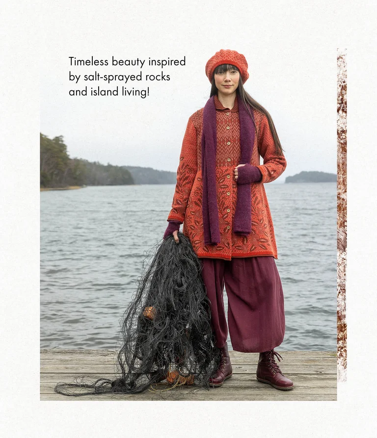 A woman wearing an orange knit cardigan and beret from Gudrun Sjödén.  