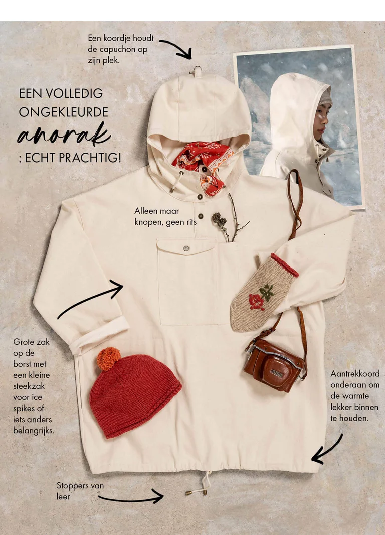 A picture with a white anorak. The picture also has several arrows and text for different details on the jacket.