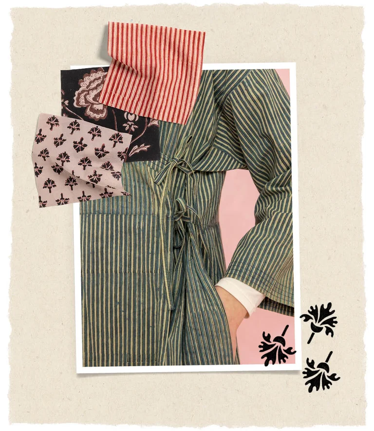 A collage with fabric snippets, a close-up of a woman wearing a garment and small, black geometric flowers.  