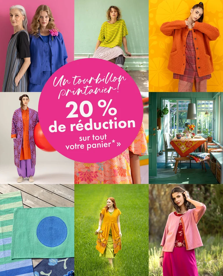 Un collage de photos hautes en couleurs avec des vêtements et des articles de décoration signés Gudrun Sjödén.