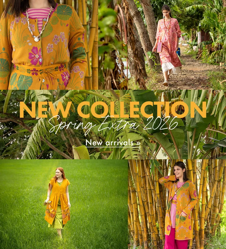 A collage of women wearing yellow, patterned clothes from Gudrun Sjödén’s Spring Extra 2026 collection. The collage includes a close-up of palm leaves and an embroidered motif. 