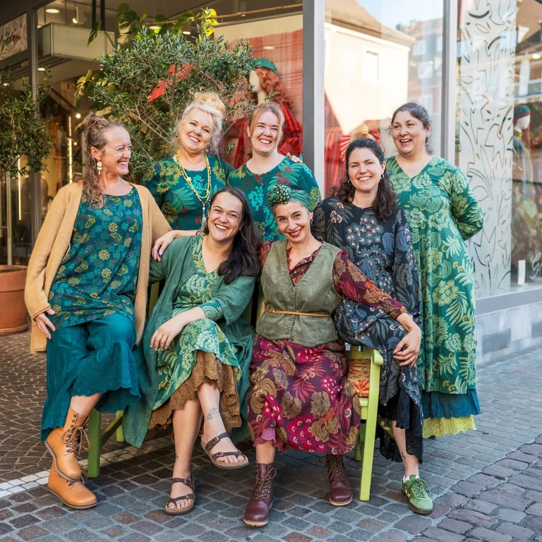 Women wearing colourful clothes from Gudrun Sjödén’s store in Freiburg.