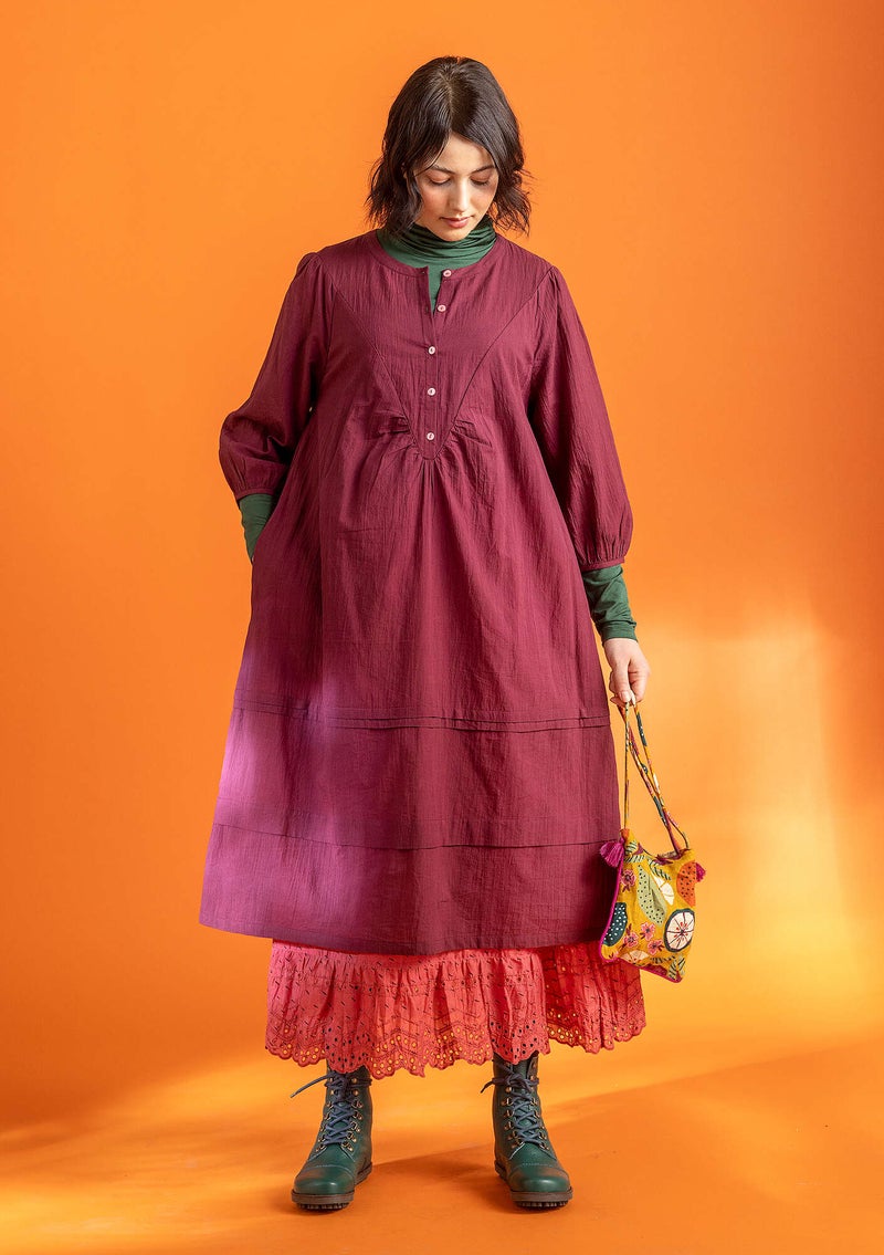 “Blossom” woven dress in organic cotton burgundy