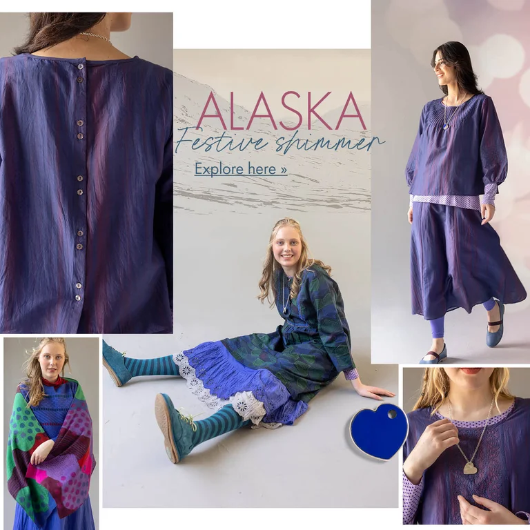 A collage of women wearing blue-purple clothes from Gudrun Sjödén’s 2025 Christmas collection.  