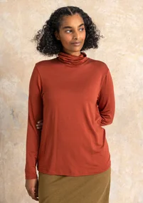 Long-sleeve, lyocell/elastane jersey polo-neck top - rust