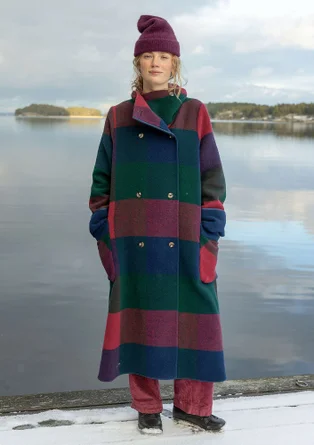 Lange jas "Alberta" van gerecyclede wol/gerecycled polyester - indigo/dessin