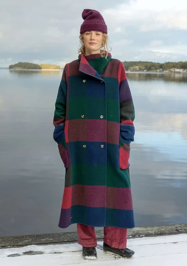 Lange jas "Alberta" van gerecyclede wol/gerecycled polyester - indigo/dessin