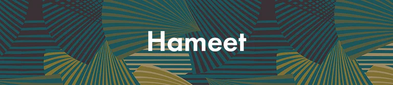 Sininen, vihreä ja keltainen kuvio, jossa valkoinen teksti ”Hameet”. 
