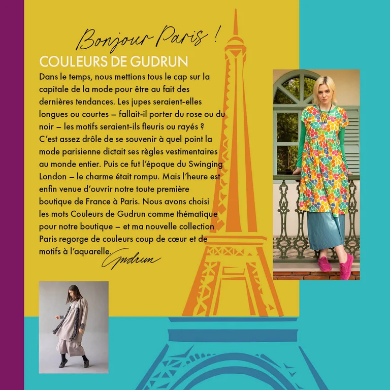 Un collage de photos avec une image graphique de la Tour Eiffel et deux images de femmes portant des vêtements provenant de la collection Paris de Gudrun Sjödén.