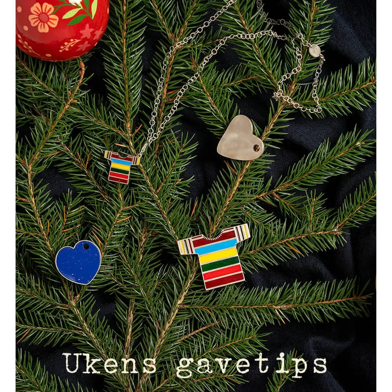 Halskjede, anheng og brosje i sølv fra Gudrun Sjödén. Alt henger på et juletre. 