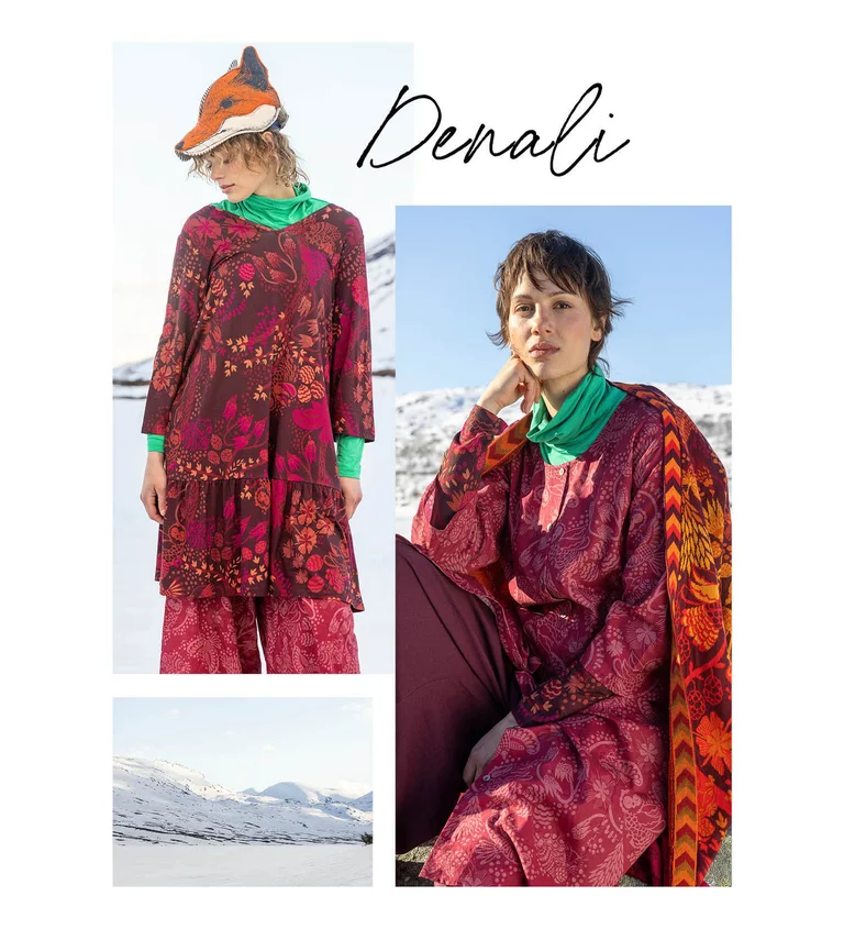 A collage with one scenic picture and two pictures of women wearing clothes from Gudrun Sjödén’s 2025 Christmas collection.