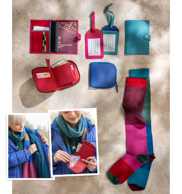 Een collage met close-ups van kleurrijke reisaccessoires van Gudrun Sjödén.