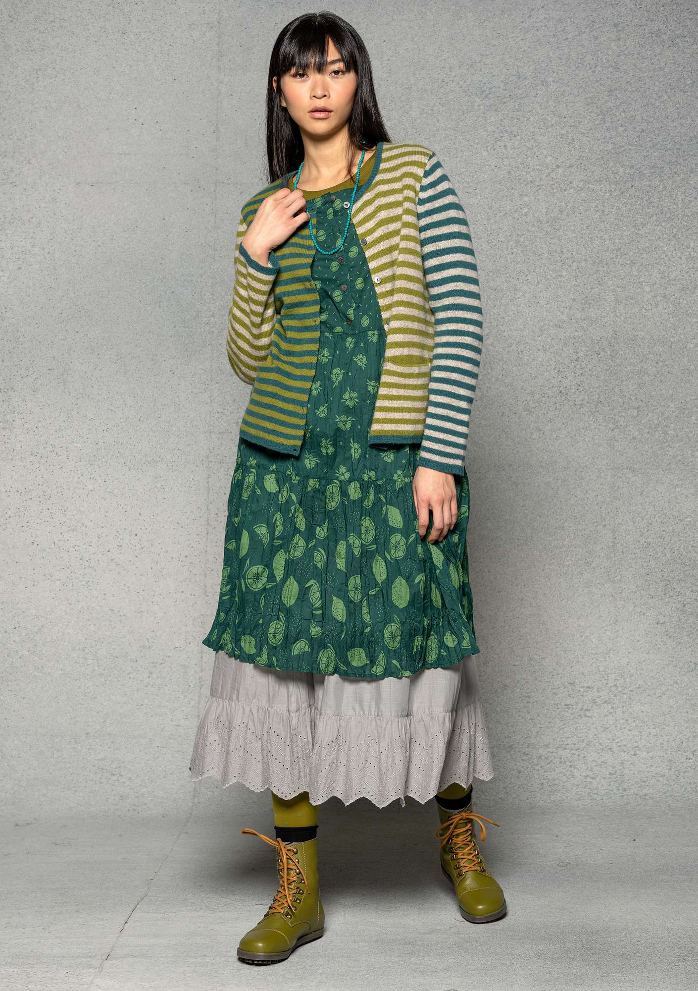 “Fruits” dress in woven organic/recycled cotton bottle green/print thumbnail