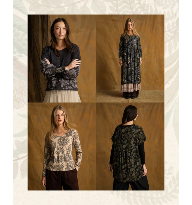 A collage with several pictures of women wearing clothing from Gudrun Sjödén’s fall collection 2026.