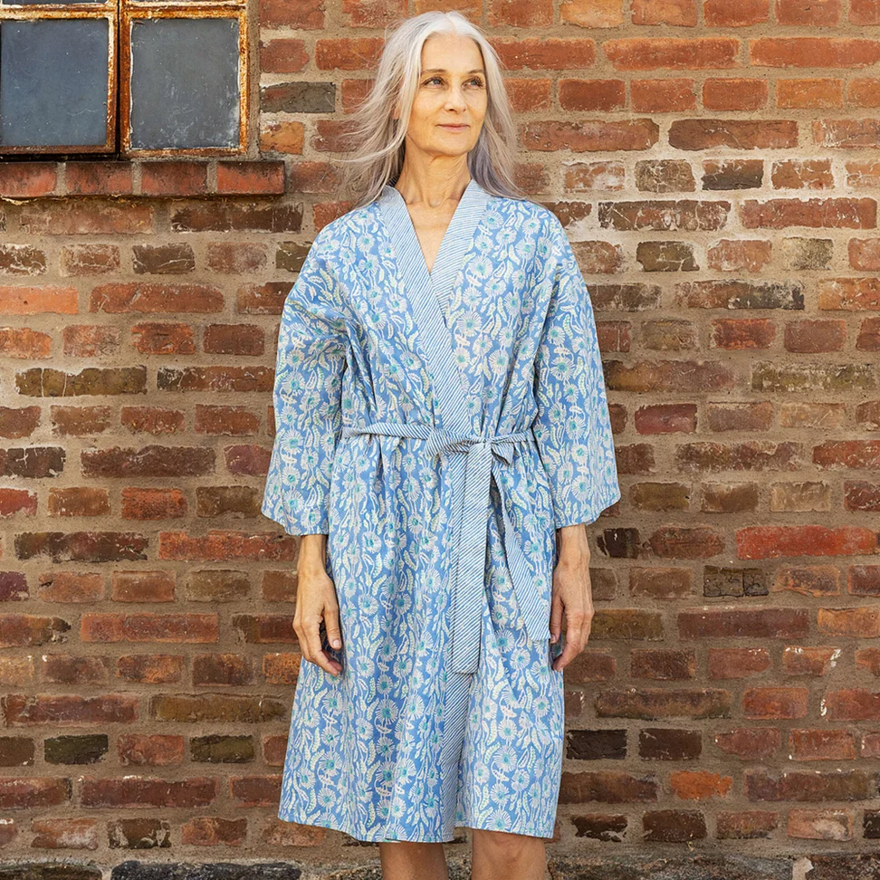 “Poppies” organic cotton kimono - sea blue